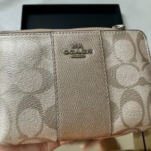 COACH Metallic Leather Wristlet | Gold Two-Tone Zip Pouch